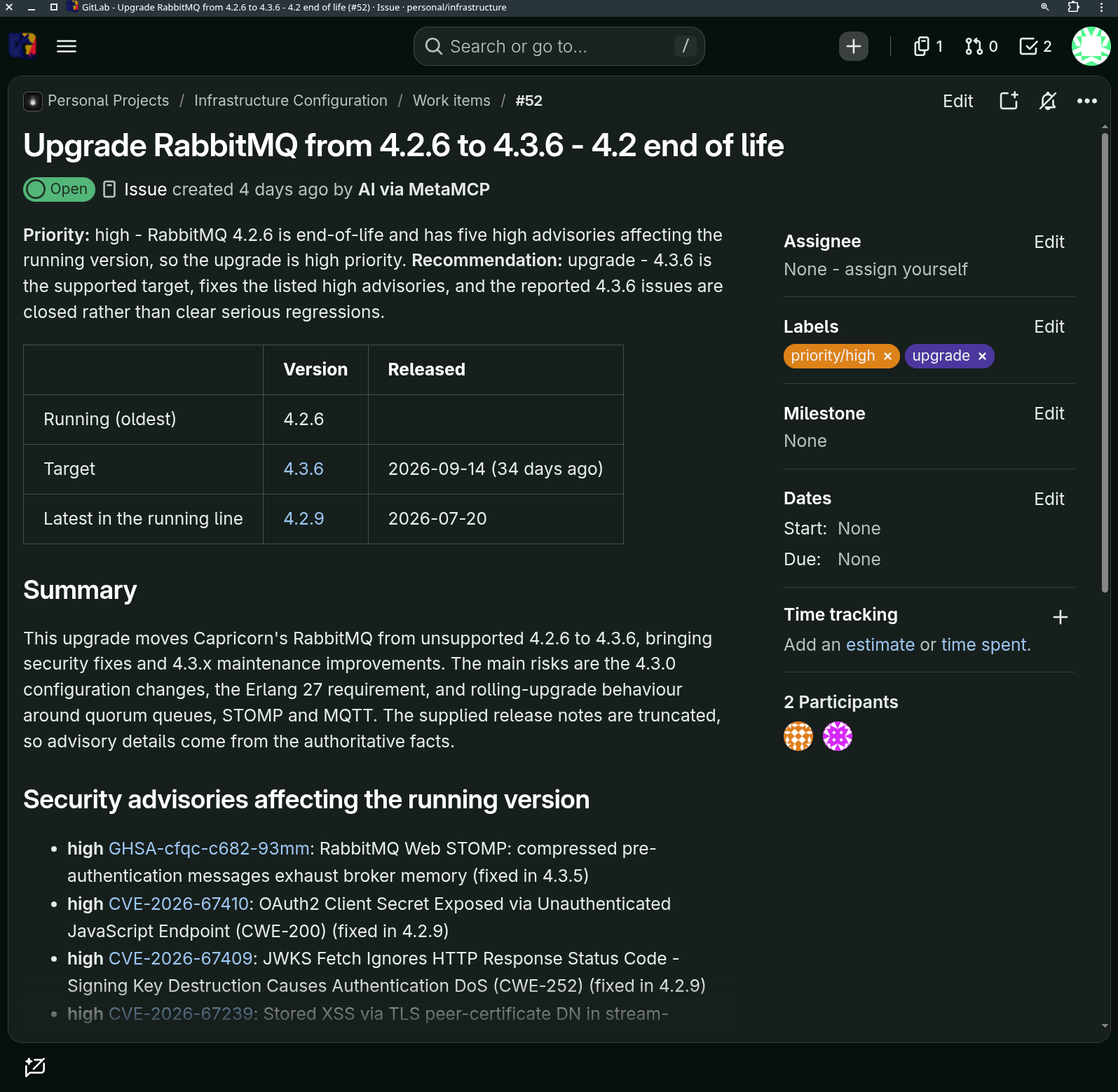 A GitLab issue for a RabbitMQ upgrade, showing the model's assessment in the body