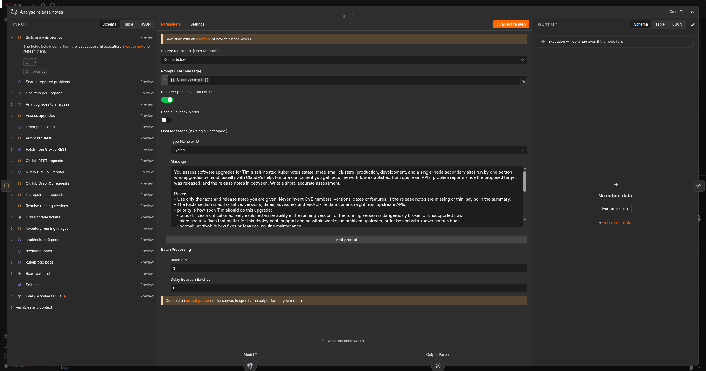 The n8n 'Analyse release notes' node configuration showing the Chain LLM node with the system prompt and model settings